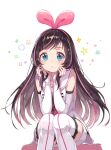  1girl bad_id bad_pixiv_id bare_shoulders blue_eyes blush bow brown_hair hairband hands_on_own_face kizuna_ai kizuna_ai_inc. long_hair looking_at_viewer m2_(guvn5745) multicolored_hair navel open_mouth sailor_collar shirt shorts simple_background sitting solo streaked_hair thigh-highs virtual_youtuber white_background 