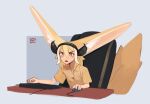  1girl anatomical_nonsense animal_ears artist_name blonde_hair collared_shirt commentary english_commentary fox_ears fox_girl fox_tail hair_between_eyes headphones_for_animal_ears highres kart_prowler keyboard_(computer) mouse_(computer) open_mouth original playing_games shirt short_sleeves sidelocks solo tail upper_body very_long_ears yellow_eyes yellow_shirt 
