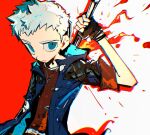  1boy bbbbbaasos black_gloves blue_eyes blue_jacket closed_mouth devil_may_cry_(series) devil_may_cry_5 english_commentary fingerless_gloves fire gloves holding holding_sword holding_weapon jacket jewelry looking_at_viewer male_focus necklace nero_(devil_may_cry) open_clothes open_jacket red_shirt shirt simple_background solo sword two-tone_background weapon white_hair 