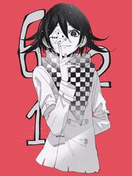  1boy arms_behind_back birthday black_hair buttons checkered_clothes checkered_scarf closed_mouth commentary danganronpa_(series) danganronpa_v3:_killing_harmony dice eyelashes flipped_hair greyscale_with_colored_background hair_between_eyes highres long_sleeves looking_at_viewer male_focus oma_kokichi one_eye_covered red_background ringed_eyes scarf short_hair simple_background smile solo straitjacket symbol-only_commentary two-tone_scarf upper_body youuthu 