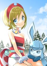  bare_shoulders blonde_hair blue_eyes bracelet closed_mouth glaceon hair_between_eyes hairband irida_(pokemon) jewelry looking_at_viewer morisawa_machi pokemon pokemon_legends:_arceus red_hairband red_shirt shirt short_hair short_shorts shorts sleeveless sleeveless_shirt smile snow_on_tree white_shorts 