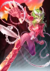  1boy absurdres androgynous andromeda_shun armor armored_boots belt bishounen bodysuit boots breastplate chain chain_weapon fake_horns fingerless_gloves food_fighter_441 full_body gauntlets gloves green_eyes green_hair highres horned_headwear horns knee_up lips long_hair looking_at_viewer male_focus narrow_waist open_mouth outstretched_hand pauldrons pink_armor pink_bodysuit pink_gloves saint_seiya shoulder_armor solo v-shaped_eyebrows 