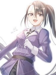  1girl artist_name black_hair black_ribbon black_skirt brown_eyes gloves hair_between_eyes highres jacket juliet_sleeves kantai_collection long_hair long_sleeves looking_at_viewer military_uniform nachi_(kancolle) nachi_kai_ni_(kancolle) neck_ribbon one-hour_drawing_challenge puffy_sleeves purple_jacket ribbon side_ponytail skirt solo twitter_username uniform very_long_hair white_gloves wiwo 