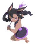  1girl animal_ears backless_dress backless_outfit barefoot black_dress black_hair blush commentary_request dark-skinned_female dark_skin dress fire foil_(fencing) full_body hair_ribbon hanoyama highres holding holding_sword holding_weapon looking_at_viewer magic medium_hair open_mouth purple_fire purple_ribbon quad_tails rabbit_and_steel rabbit_ears rabbit_girl ribbon short_bangs simple_background sleeveless sleeveless_dress solo spellsword_rabbit sword violet_eyes weapon white_background 