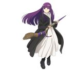  1girl black_coat blunt_bangs boots brown_footwear coat dress expressionless fern_(sousou_no_frieren) full_body holding holding_staff long_hair mage_staff official_art open_clothes open_coat purple_hair solo sousou_no_frieren staff transparent_background violet_eyes white_dress 