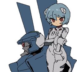  1girl arm_at_side arm_under_breasts ayanami_rei blue_hair bodysuit border brandon_(badger_g) breasts closed_mouth commentary cowboy_shot dot_mouth empty_eyes english_commentary eva_00 hair_between_eyes highres interface_headset looking_at_viewer mecha neon_genesis_evangelion pilot_suit pixel_art plugsuit red_bodysuit red_eyes robot short_hair simple_background small_breasts solo standing white_background white_border 