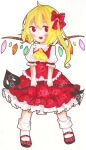  1girl ascot blonde_hair bow emico flandre_scarlet frilled_ascot frilled_shirt_collar frilled_skirt frilled_sleeves frills full_body hair_between_eyes hair_bow holding holding_polearm holding_weapon laevatein_(touhou) mary_janes medium_hair multicolored_wings no_headwear one_side_up open_mouth polearm red_bow red_eyes red_footwear red_skirt red_vest shirt shoes simple_background skirt skirt_set socks solo standing teeth touhou upper_teeth_only vest weapon white_background white_shirt white_socks wings yellow_ascot 