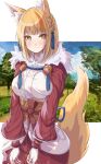  1girl animal_ear_fluff animal_ears blonde_hair breasts closed_mouth cropped_jacket fingerless_gloves fire_emblem fire_emblem_fates fox_ears fox_girl fox_tail fur_collar fuussu_(21-kazin) gloves hair_ornament highres jacket japanese_clothes kimono medium_breasts multicolored_hair open_clothes open_jacket orange_hair red_jacket selkie_(fire_emblem) short_hair smile solo split_mouth streaked_hair tail tail_raised tassel two-tone_hair white_gloves white_kimono yellow_eyes 