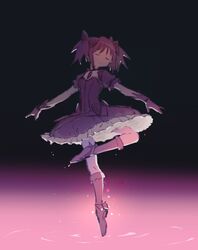  1girl ballet_slippers black_background bow chest_jewel closed_eyes commentary dancing en_pointe frilled_skirt frills gloves gradient_background hair_bow highres kaname_madoka kaname_madoka_(magical_girl) magical_girl mahou_shoujo_madoka_magica petticoat pianzu_mao pink_background pink_hair plantar_flexion puffy_sleeves purple_background ripples short_hair short_twintails skirt solo symbol-only_commentary twintails white_skirt 