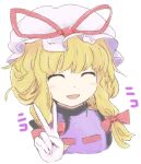  1girl :d ^_^ blonde_hair bow closed_eyes commentary_request hair_bow hat hat_ribbon kakera_(comona_base) long_hair mob_cap open_mouth purple_tabard red_bow red_ribbon ribbon sidelocks simple_background smile solo tabard touhou upper_body v white_background white_hat yakumo_yukari 