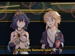  1boy 1girl ahoge artist_name bare_shoulders black_border blonde_hair blue_hair blue_shirt blue_skirt border brown_eyes bubble can closed_mouth coffee_cup crop_top cup dark_blue_hair detached_sleeves disposable_cup drink_can earrings english_commentary english_text hair_between_eyes hair_intakes hair_ornament hand_up headgear highres holding holding_can holding_cup honkai:_star_rail honkai_(series) jewelry layered_sleeves long_hair long_sleeves looking_at_another mandarin_collar midriff mmiklshaek open_clothes open_shirt parody ponytail scott_pilgrim_(series) scott_pilgrim_takes_off shadow shirt short_over_long_sleeves short_sleeves sidelocks single_earring skirt soda_can standing starbucks sweatdrop white_shirt yanqing_(honkai:_star_rail) yellow_eyes yunli_(honkai:_star_rail) 