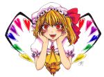  1girl ascot blonde_hair blush cropped_torso fangs flandre_scarlet frilled_shirt_collar frilled_sleeves frills hands_on_own_cheeks hands_on_own_face hasebe_(model21) heart heart_wings highres looking_at_viewer medium_hair multicolored_wings one_side_up open_mouth puffy_short_sleeves puffy_sleeves red_brooch red_eyes shirt short_sleeves solo teeth touhou upper_teeth_only white_headwear white_shirt wings yellow_ascot 