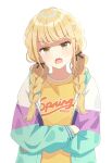  1girl angry black_ribbon blonde_hair braid commentary_request crossed_arms fang fujita_kotone gakuen_idolmaster hair_ribbon highres idolmaster jacket light_blush long_hair long_sleeves looking_at_viewer multicolored_clothes multicolored_jacket open_clothes open_jacket open_mouth print_shirt ribbon shirt sidelocks skin_fang solo surisuririsu twin_braids upper_body v-shaped_eyebrows white_background yellow_eyes yellow_shirt zipper 