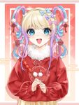  1girl :d blonde_hair blue_bow blue_eyes blue_hair bow chinese_clothes chouzetsusaikawa_tenshi-chan commentary_request food fur_collar gradient_hair hair_bow highres holding holding_food jacket long_hair long_sleeves looking_at_viewer mofa_shaonu_xiao_die multicolored_hair needy_girl_overdose official_alternate_costume official_alternate_hairstyle open_mouth pink_bow pink_hair pom_pom_(clothes) purple_bow purple_hair red_jacket smile solo upper_body 