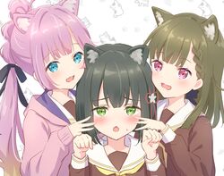  3girls :3 absurdres animal_ears anyoji_hime black_hair black_ribbon blonde_hair blue_eyes blunt_bangs blunt_ends blush braid brown_dress brown_hair cat_ears center-flap_bangs chestnut_mouth commentary_request dress fang flower flower_knot gradient_hair green_eyes hair_flower hair_ornament hair_ribbon hanazora_satsuki hasu_no_sora_school_uniform highres hood hooded_jacket jacket kachimachi_kosuzu kemonomimi_mode link!_like!_love_live! long_hair long_sleeves looking_at_viewer love_live! middle_w momose_ginko multi-tied_hair multicolored_hair multiple_girls neckerchief open_clothes open_jacket paw_pose paw_print paw_print_background pink_eyes pink_hair pink_jacket ponytail ribbon sailor_collar sailor_dress school_uniform short_hair side_ahoge side_braids sidelocks skin_fang straight_hair sweatdrop swept_bangs upper_body very_long_hair virtual_youtuber w white_sailor_collar winter_uniform yellow_neckerchief 