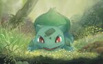  animal_focus bright_pupils bulbasaur claws flower forest full_body grass looking_at_viewer nature no_humans nostrils open_mouth outdoors pokemon pokemon_(creature) purple_flower red_eyes solo volpecorvo white_flower white_pupils yellow_flower 