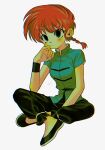  1girl black_footwear blue_eyes blush_stickers braid braided_ponytail breasts highres menma_(enaic31) ranma-chan ranma_1/2 redhead simple_background solo 