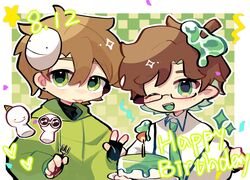  2boys :3 ahoge animification birthday birthday_cake birthday_connection bishounen brown_hair cake candle chinese_commentary commentary_request dream_(youtuber) dream_(youtuber)_(blob) dream_smp english_text food georgenotfound glasses green_eyes green_theme happy happy_birthday highres light_brown_hair male_focus mask mask_on_head minecraft_youtube monster_boy multiple_boys necktie official_alternate_costume one_eye_closed open_mouth pointy_ears shadiaochi short_hair slime_(substance) slime_boy slimecicle smile smiley_face stick suspenders tongue tongue_out trait_connection unworn_mask w 