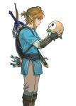  1boy antenna_hair arrow_(projectile) blonde_hair blue_eyes blue_tunic boots bow_(weapon) brown_footwear creature earrings grey_pants hair_between_eyes highres holding holding_creature inbagzlzl jewelry link male_focus master_sword medium_hair pants pointy_ears pokemon ponytail profile quiver rowlet sidelocks solo the_legend_of_zelda the_legend_of_zelda:_tears_of_the_kingdom vambraces weapon weapon_on_back white_background 