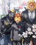  3boys animal_ears arm_behind_back black_kimono black_pants black_suit blush cherry_blossoms claw_(world_flipper) claws closed_eyes closed_mouth fangs folding_fan furry furry_male hand_fan hand_on_another&#039;s_shoulder hashtag-only_commentary highres holding holding_fan japanese_clothes kimono lion_boy lion_ears lion_mane lion_tail magnos_(world_flipper) male_focus multiple_boys necktie open_mouth panther_boy panther_ears pants school_gateway school_uniform shirt skin_fangs smile suit tail theo_(world_flipper) waahurikya whiskers white_shirt world_flipper 
