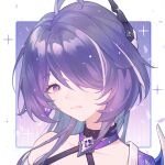  1girl acheron_(honkai:_star_rail) ahoge armor bandaged_arm bandages black_choker chinese_commentary choker closed_mouth collarbone commentary_request criss-cross_halter diamond-shaped_pupils diamond_(shape) earrings hair_intakes hair_ornament hair_over_one_eye halterneck highres honkai:_star_rail honkai_(series) jewelry long_hair multicolored_hair portrait purple_background purple_hair ruo_qi shoulder_armor single_bare_shoulder solo sparkle streaked_hair symbol-shaped_pupils two-tone_background violet_eyes white_background 