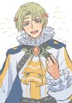  alfred_(fire_emblem) ascot blonde_hair blue_cape cape circlet coral_3535 fire_emblem fire_emblem_engage green_eyes highres looking_at_viewer male_focus orange_gemstone prince white_background yellow_ascot 