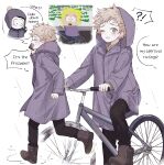  !? &gt;_&lt; 0o0_w_o0 2boys bicycle blonde_hair boots closed_eyes craig_tucker english_text grey_eyes hat highres holding holding_phone long_sleeves male_focus messy_hair multiple_boys multiple_views official_art_inset one_eye_closed open_mouth pants phone photo_inset rain raincoat reference_inset riding riding_bicycle south_park sweat tweek_tweak 