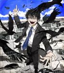  1boy bird black_footwear black_hair black_pants black_suit blue_necktie blue_sky closed_eyes collared_shirt commentary_request crow day dress_shirt facing_viewer falling_feathers feathers flock forced_smile furrowed_brow glasses gomibaketsu3 hand_up highres jacket long_sleeves looking_at_viewer male_focus necktie on_rooftop open_clothes open_jacket open_mouth original outdoors outstretched_hand pants pointing pointing_up puddle shirt short_hair signature sky smile solo song_name standing suit suit_jacket teeth 