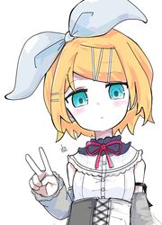  1girl 25-ji_nightcord_de._(project_sekai) 25-ji_rin aqua_eyes bare_shoulders black_collar black_corset blonde_hair blouse bow breasts collar corset detached_sleeves frilled_collar frills grey_sleeves hair_bow hair_ornament hairclip head_tilt highres kagamine_rin light_blush looking_at_viewer neck_ribbon pale_skin project_sekai red_ribbon ribbon shirt sleeveless sleeveless_shirt small_breasts swept_bangs v vocaloid vorusan_(volver39) white_bow white_corset white_shirt 