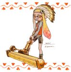  1girl black_shorts blunt_bangs blush boots brown_footwear dynamo_roller_(splatoon) full_body green_socks grey_shirt grin headdress holding holding_weapon inkling inkling_girl inkling_player_character long_hair long_sleeves looking_at_viewer memi_(gamemix) native_american_headdress orange_eyes orange_hair pointy_ears red_vest shirt shorts signature smile socks solo splatoon_(series) standing tan tentacle_hair twitter_username vest weapon 