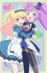  2girls :d ahoge apron arm_up black_jacket black_pants black_suit blonde_hair blue_dress blue_headwear collared_shirt commentary_request dress feet_out_of_frame gloves green_eyes hat highres hug idol_time_pripara jacket juliet_sleeves ku_(residual666) long_hair long_sleeves looking_at_viewer manaka_laala mini_hat mini_top_hat multiple_girls open_mouth outside_border pants pretty_series pripara puffy_sleeves purple_hair ringlets shirt smile standing suit top_hat twintails two_side_up v very_long_hair violet_eyes white_apron white_gloves white_shirt yumekawa_yui 