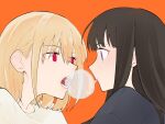  2girls black_hair black_shirt blonde_hair blowing_bubbles blush chewing_gum eye_contact inoue_takina long_hair looking_at_another lycoris_recoil medium_hair multiple_girls nishikigi_chisato open_mouth orange_background red_eyes shiratama_draw shirt simple_background upper_body violet_eyes white_shirt 