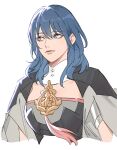  1girl absurdres armor black_armor blue_eyes blue_hair byleth_(female)_(fire_emblem) byleth_(fire_emblem) closed_mouth commentary_request cropped_torso fire_emblem fire_emblem:_three_houses hair_between_eyes highres lips long_hair pink_lips simple_background smile solo toho10min white_background 
