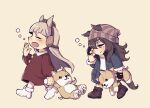  2girls animal_ears beanie black_jacket blush boots brown_background brown_dress brown_footwear brown_hair brown_hat chibi closed_mouth collared_dress commentary_request cross-laced_footwear dress ear_covers ears_through_headwear fur-trimmed_sleeves fur_trim gold_ship_(umamusume) grey_hair grey_hat hair_between_eyes hat holding holding_stuffed_toy horse_ears horse_girl horse_tail jacket lace-up_boots long_hair long_sleeves mini_hat multiple_girls nakayama_festa_(umamusume) namuko open_clothes open_jacket open_mouth pantyhose puffy_long_sleeves puffy_sleeves rubbing_eyes shirt simple_background squeans stuffed_animal stuffed_dog stuffed_toy tail tears umamusume umamusume:_peace_peace_cepea_cepea_golshi-chan very_long_hair violet_eyes walking white_footwear white_pantyhose white_shirt yawning 