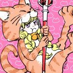  1girl :t animal_costume blonde_hair blush braid cat_costume dragon_quest dragon_quest_xi holding holding_scepter itowo_(itowc) jitome long_hair looking_at_viewer pink_background pout scepter signature simple_background solo twin_braids veronica_(dq11) violet_eyes 