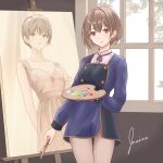  1girl absurdres apron blue_apron bob_cut brown_hair easel highres holding holding_brush holding_palette original painting_(object) palette_(object) shirt signature solo standing tisato_yuki violet_eyes white_shirt window 