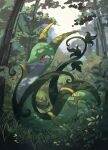  blurry blurry_background colored_skin forest grass green_skin highres nature outdoors plant pokemon red_eyes serperior snake solo vines volpecorvo 