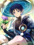  1boy artist_name black_hair black_shirt black_shorts blue_cape blue_hat blue_ribbon blue_sash blunt_ends blurry blurry_background bridal_gauntlets cape choppy_bangs commentary_request covered_collarbone eyeshadow feet_out_of_frame flower genshin_impact gold_trim hair_between_eyes hand_up hat hat_ribbon highres holding holding_flower jacket jingasa light_rays looking_at_viewer makeup male_focus okkobc open_clothes open_jacket parted_lips pom_pom_(clothes) purple_flower red_eyeshadow ribbon rope sash scaramouche_(genshin_impact) shirt short_hair short_sleeves shorts sitting sleeveless sleeveless_shirt solo sumeru_rose_(genshin_impact) sunlight tree violet_eyes vision_(genshin_impact) wanderer_(genshin_impact) watermark white_jacket 