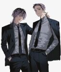  2boys belt black_belt black_jacket black_necktie black_pants black_suit closed_mouth collared_shirt cowboy_shot ear_piercing grey_shirt haitani_ran haitani_rindou hand_in_pocket hand_on_another&#039;s_shoulder hands_in_pockets highres jacket jacket_on_shoulders light_smile looking_at_another looking_at_viewer male_focus multicolored_hair multiple_boys neck_tattoo necktie open_clothes open_jacket pants parted_lips piercing purple_hair shirt simple_background standing streaked_hair suit tattoo teeth tokyo_revengers upper_teeth_only violet_eyes wawgwo wolf_cut 