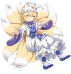  1girl :d animal_hat blonde_hair blue_socks blue_tabard breasts commentary_request dot_nose double-parted_bangs dress e.o. fang fox_shadow_puppet fox_tail frilled_dress frilled_shirt_collar frilled_sleeves frilled_socks frills hat kitsune kyuubi light_blush long_sleeves looking_at_viewer mob_cap multiple_tails open_mouth outstretched_arm partial_commentary short_hair skin_fang small_breasts smile socks solo tabard tail three_quarter_view touhou v-shaped_eyebrows wedge_heels white_dress wide_sleeves yakumo_ran yellow_eyes 