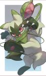  absurdres blue_background border claws fang floragato gradient_background green_fur grey_background highres looking_at_viewer nullma open_mouth pink_eyes pokemon pokemon_(creature) scarf signature slit_pupils smile solo two-tone_fur white_border yo-yo 