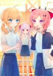  3girls :d absurdres ahoge ankle_socks black_horns blonde_hair blue_eyes blue_shorts blunt_bangs blurry blurry_background blush bow buttons clenched_hand closed_mouth collared_shirt commentary_request crossed_arms demon_horns fang fudeshima_shigure gradient_eyes gym gym_uniform hair_bow hair_ornament hairclip hand_on_own_hip hand_to_own_mouth highres horns jacket long_hair looking_at_another low_twintails medium_hair motosu_towa multicolored_clothes multicolored_eyes multicolored_jacket multiple_girls niizuma_yae open_clothes open_jacket open_mouth parted_lips pink_eyes pink_hair purple_hair shirt shirt_tucked_in short_sleeves shorts sidelocks smile socks star_(symbol) star_hair_ornament swept_bangs track_jacket twintails twitter_username two_side_up v-shaped_eyebrows violet_eyes watermark white_footwear white_shirt white_socks wing_hair_ornament world_dai_star yazu82 