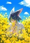  1boy animal_ear_fluff animal_ears artist_name blue_hair blue_sky blunt_ends closed_eyes clouds cloudy_sky collared_shirt covered_mouth dark_blue_hair day fingernails flower fox_boy fox_ears genshin_impact green_hair hair_between_eyes hands_up highres holding holding_flower long_sleeves male_focus multicolored_hair outdoors pocket puffy_long_sleeves puffy_sleeves sansaguaart shirt short_hair sky solo standing tighnari_(genshin_impact) two-tone_hair white_shirt yellow_flower 