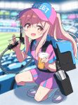  1girl :d alcohol alternate_costume bare_arms baseball_cap beer blurry blurry_background brown_eyes changaa commentary cup disposable_cup full_body hair_between_eyes hat hat_writing highres hose kneehighs long_hair looking_at_viewer onii-chan_wa_oshimai! open_mouth oyama_mahiro pink_footwear pink_hair ponytail shoes short_sleeves sidelocks smile sneakers socks solo squatting stadium sweat white_socks 