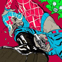  aiming aiming_at_viewer alternate_color animal_print argyle_clothes argyle_sweater blood blood_on_face blue_hat blue_pants boots bullet clenched_teeth crop_top cropped_sweater falling fingernails from_above guido_mista gun hat highres jojo_no_kimyou_na_bouken limited_palette male_focus midriff nail_polish pants red_nails red_sweater revolver sex_pistols_(stand) stand_(jojo) sweat sweater teeth tiger_print turtleneck vento_aureo weapon wide-eyed 