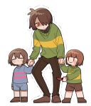  3others =_= androgynous blue_shorts blue_sweater blunt_bangs blush_stickers brown_footwear brown_hair brown_pants brown_shorts c: chara_(undertale) child closed_eyes closed_mouth deltarune dot_mouth frisk_(undertale) full_body green_sweater hair_over_one_eye heart_pendant height_difference highres holding_hands kris_(deltarune) multiple_others no_nose one_eye_covered other_focus pants red_eyes shaded_face shoes short_hair shorts simple_background smile stab standing sweater tadeno trembling undertale white_background |_| 