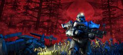  6+boys fallout_(series) fallout_76 gun headlamp highres holding holding_gun holding_weapon looking_at_viewer multiple_boys official_art outdoors power_armor_(fallout) red_sky sky solo_focus tree vertibird weapon weapon_request wreckage 