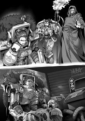  1boy 2girls armor black_background breastplate chain full_armor gauntlets greyscale highres holding holding_staff horus_lupercal jaghatai_khan luna_wolves malcador_the_sigillite monochrome multiple_girls pelt power_armor primarch robe ryuusei_(mark_ii) sad scar scar_on_face signature skull smile staff sweat sweatdrop tears terminator_armor twitter_logo twitter_username warhammer_40k white_armor wolf_pelt 