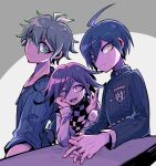  3boys ahoge amami_rantaro antenna_hair arm_belt arms_on_table belt black_jacket black_scarf black_sleeves blue_hair blue_shirt blue_sleeves buttons checkered_clothes checkered_scarf closed_mouth collarbone collared_jacket commentary_request crest danganronpa_(series) danganronpa_v3:_killing_harmony desk elbows_on_table eyelashes fingernails frown green_eyes green_hair hair_between_eyes hand_on_own_cheek hand_on_own_face high_collar interlocked_fingers jacket jewelry layered_sleeves light_smile long_sleeves looking_at_viewer mako_gai male_focus multiple_boys oma_kokichi open_mouth own_hands_clasped own_hands_together pendant pinstripe_jacket pinstripe_pattern pocket purple_hair saihara_shuichi scarf shirt short_hair simple_background sleeves_past_elbows sleeves_past_wrists smile striped_clothes striped_shirt teeth two-tone_scarf upper_body upper_teeth_only vertical-striped_sleeves violet_eyes white_background white_belt white_jacket white_scarf white_sleeves yellow_eyes 