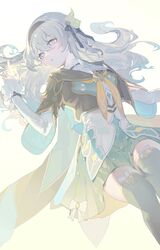  1girl absurdres aqua_eyes aqua_skirt black_hairband cowboy_shot cropped_jacket fingernails firefly_(honkai:_star_rail) gradient_background hair_between_eyes hair_ribbon hairband highres honkai:_star_rail honkai_(series) light long_hair looking_to_the_side luzi/fengli_nanzi lying on_back parted_lips ribbon sidelocks simple_background skirt solo white_hair 